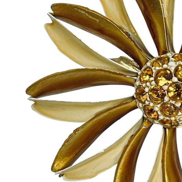 Vintage Gold Tone & Yellow Enamel Flower Brooch W/ Yellow Rhinestones (5733) - Picture 2 of 7